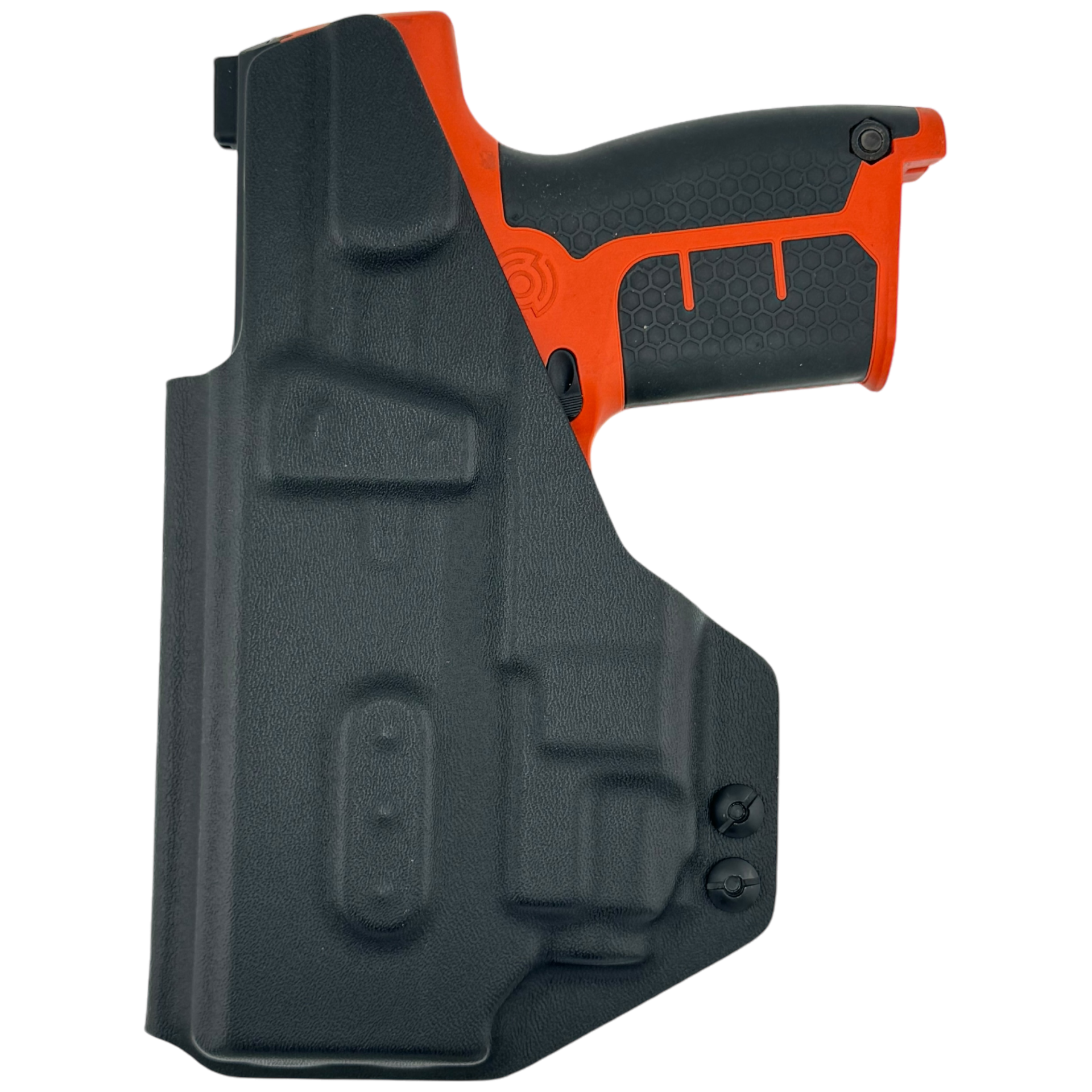 Black and orange gun holster on a white background