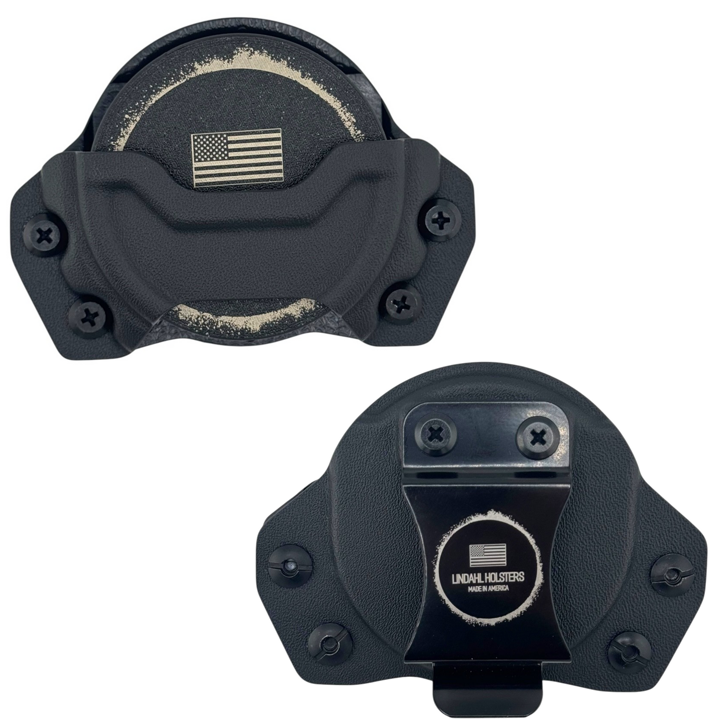 Two black tactical components with American flag emblem on a white background