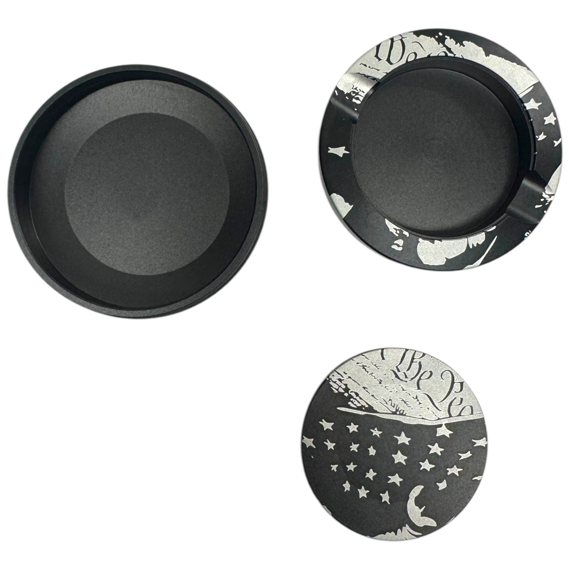 Set of three black and white patterned dishes on a white background
