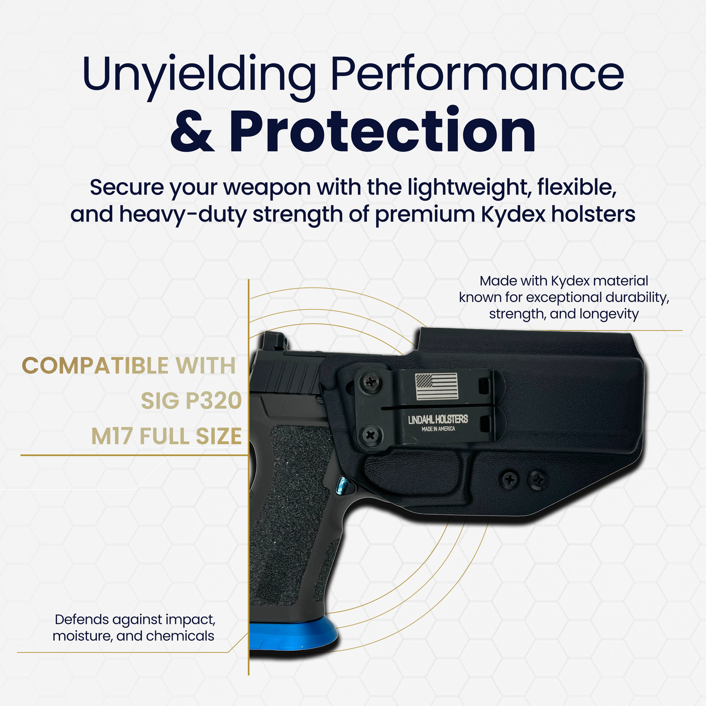 Inside waistband Kydex holster compatible with SIG P320 M17 full size, durable and impact-resistant design.