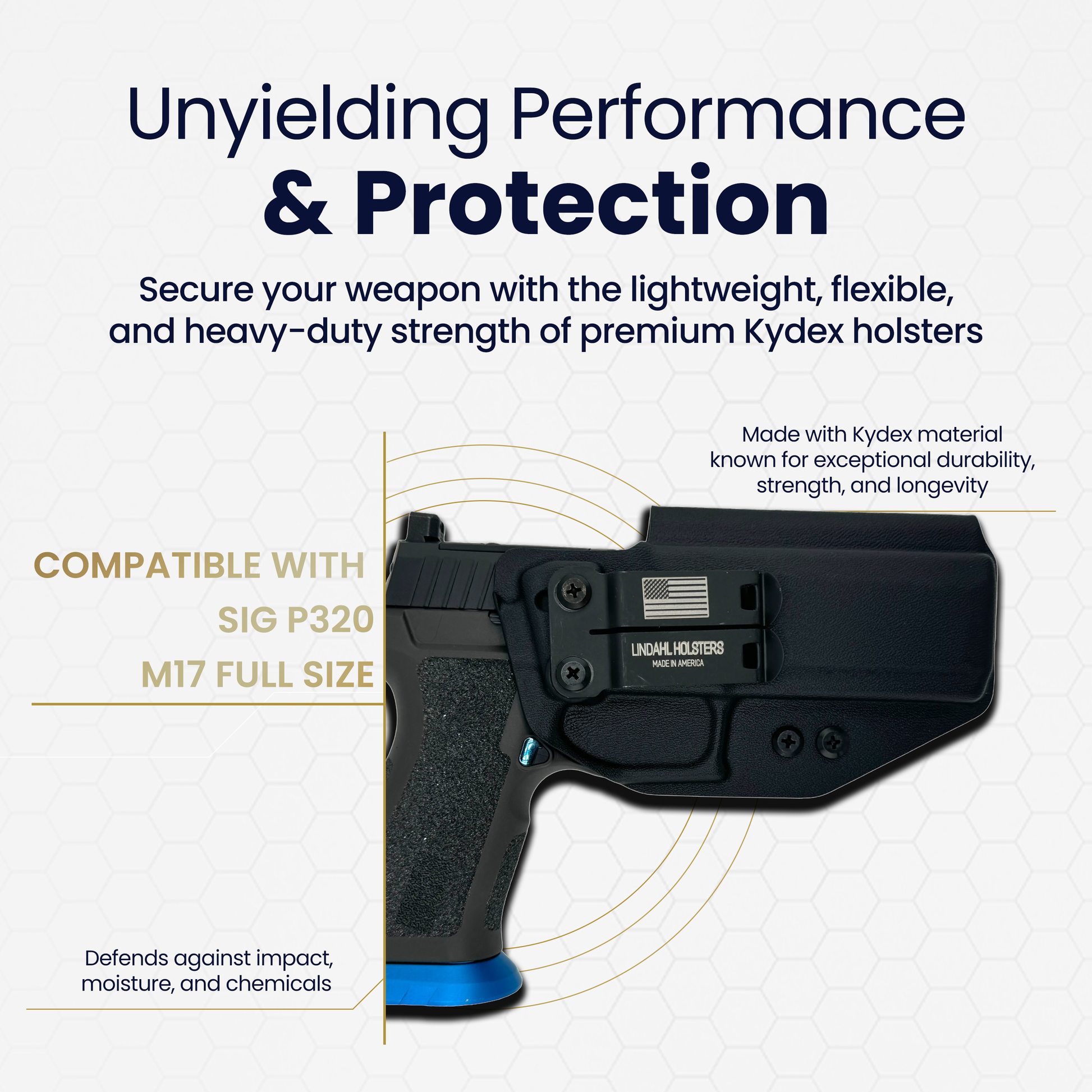 Inside waistband Kydex holster compatible with SIG P320 M17 full size, durable and impact-resistant design.