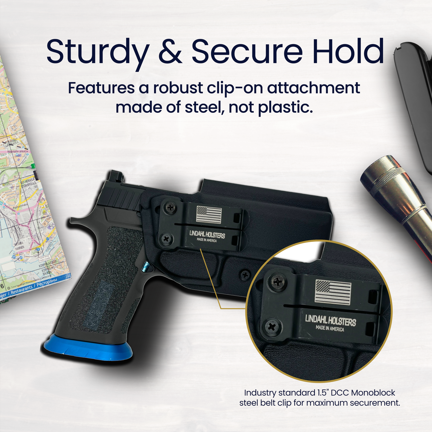 SIG P320 M17 IWB holster with DCC steel monoblock belt clip for secure and stable concealed carry.