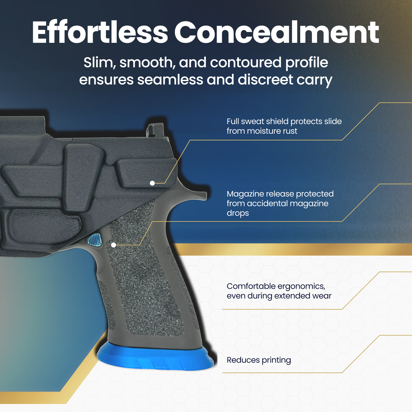 Close-up of SIG P320 M17 holster showing sweat guard, protected magazine release, and low-print concealment profile.
