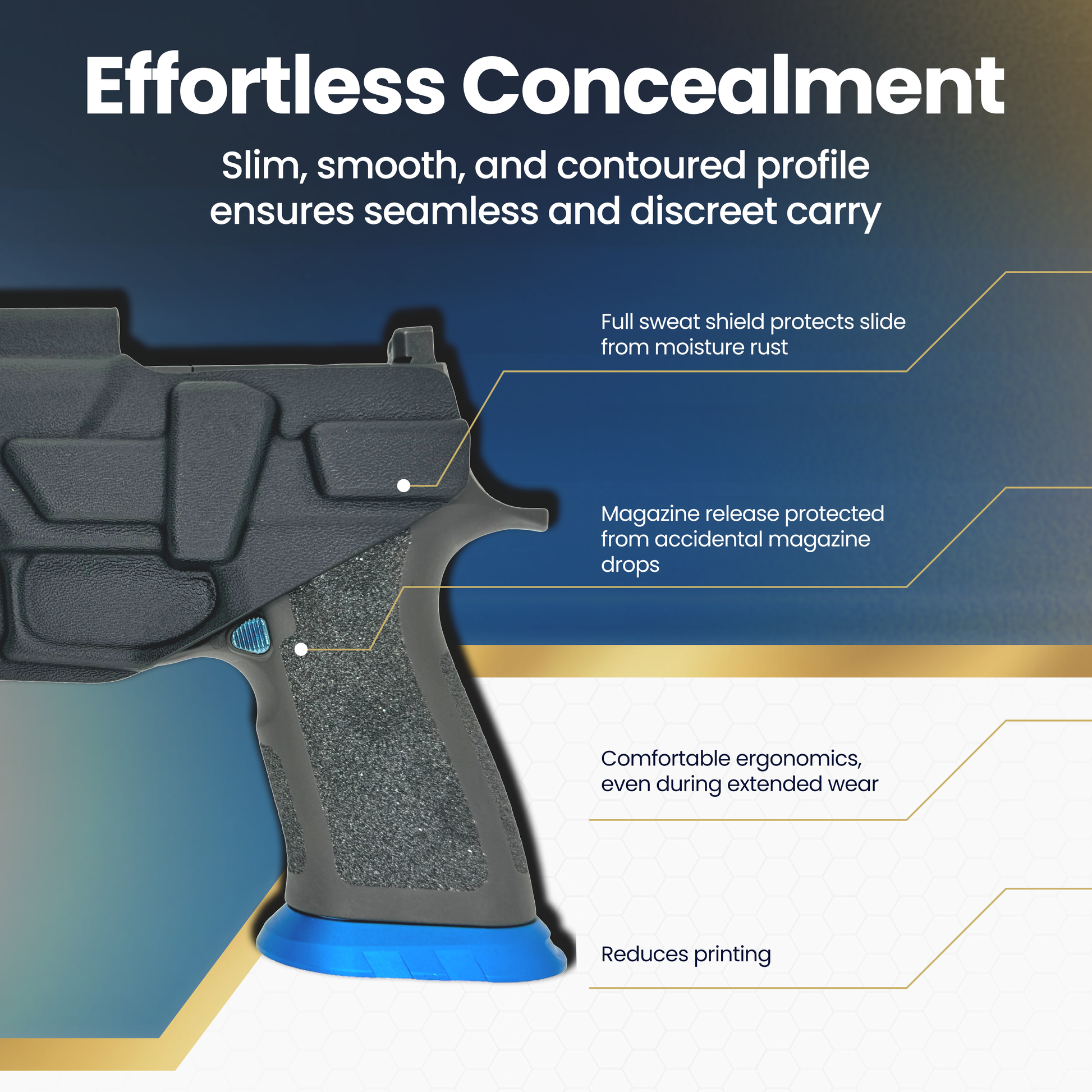 Close-up of SIG P320 M17 holster showing sweat guard, protected magazine release, and low-print concealment profile.
