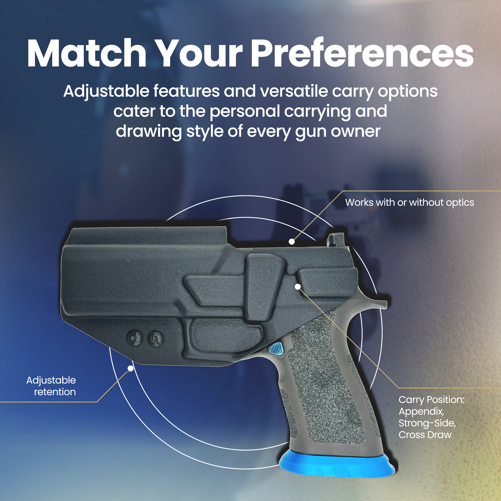 Optics-compatible holster for SIG P320 M17 with adjustable retention for appendix, strong-side, or cross-draw carry positions.