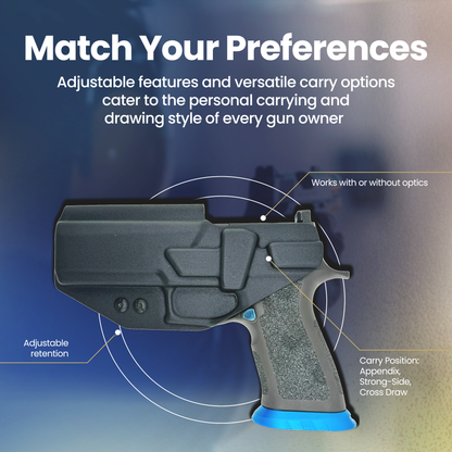 Optics-compatible holster for SIG P320 M17 with adjustable retention for appendix, strong-side, or cross-draw carry positions.