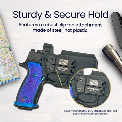 SIG SAUER M18 HOLSTER WITH AXG GRIP MODULE AND BLUE GRIP PANELS SHOWING DCC MONOBLOCK