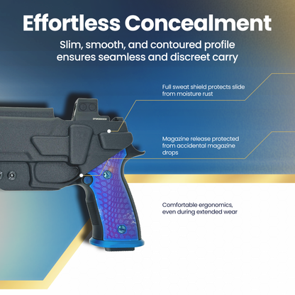 SIG SAUER M18 HOLSTER BACK SIDE WITH AXG GRIP MODULE AND BLUE GRIP PANELS