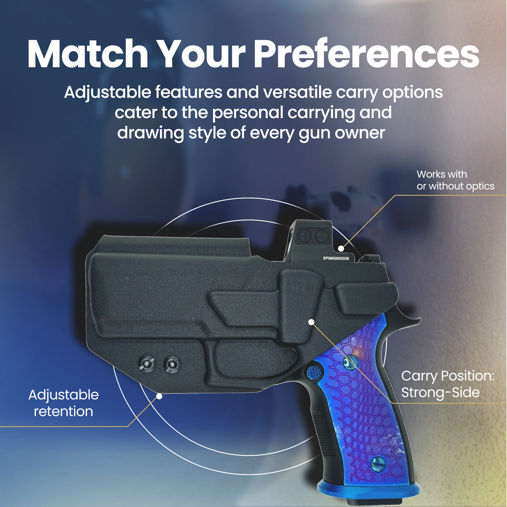 SIG SAUER M18 HOLSTER WITH AXG GRIP MODULE AND BLUE GRIP PANELS SHOWING BACK OF HOLSTER