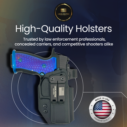 SIG SAUER M18 HOLSTER WITH AXG GRIP MODULE AND BLUE GRIP PANELS SHOWING MADE IN USA