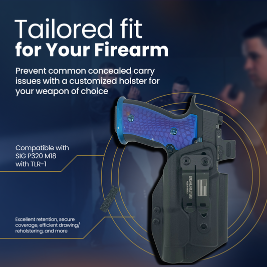 Handmade SIG P320 M18 TLR-8 Kydex holster by Lindahl Holsters, made in USA, trusted by professional concealed carriers.