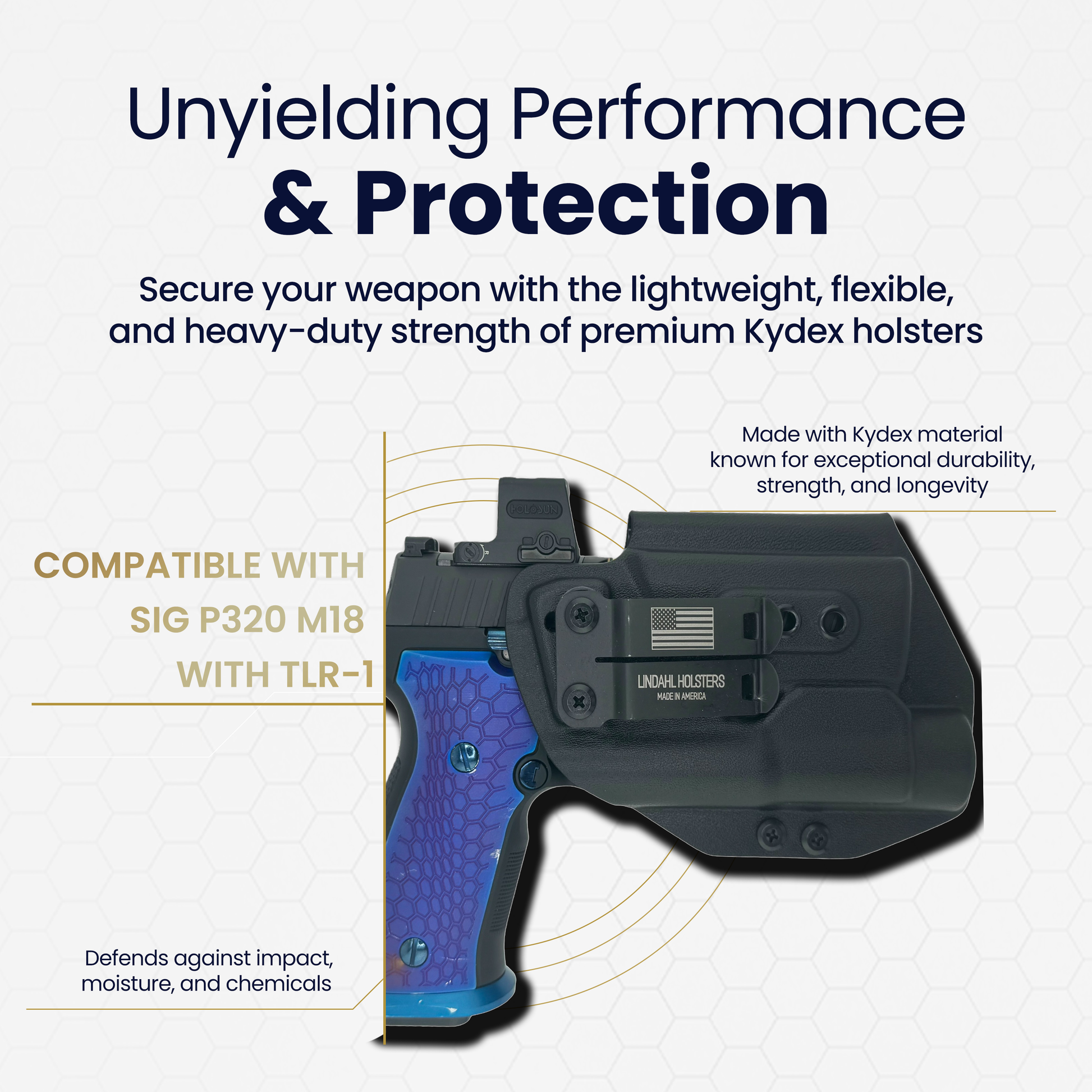 Inside waistband Kydex holster compatible with SIG P320 M18 and Streamlight TLR-1, durable and impact-resistant construction.