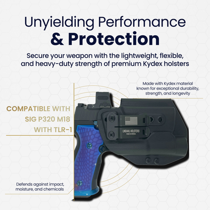 Inside waistband Kydex holster compatible with SIG P320 M18 and Streamlight TLR-1, durable and impact-resistant construction.