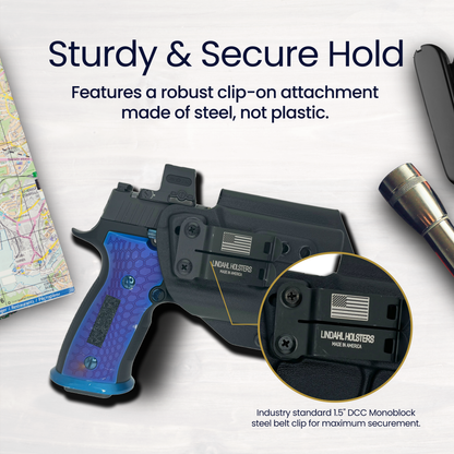 SIG P320 M18 with TLR-1 in IWB holster featuring DCC steel monoblock belt clip for secure and stable concealed carry.