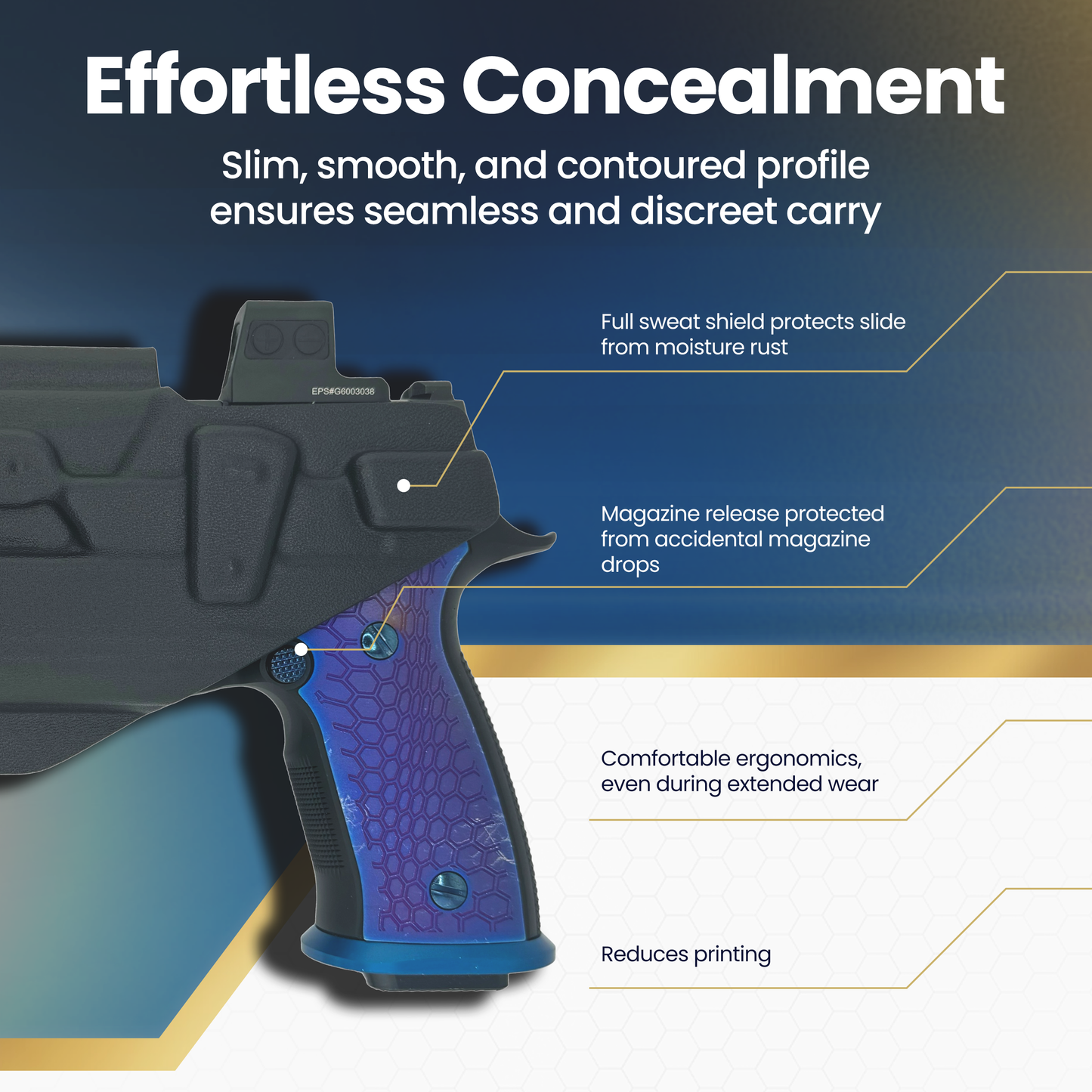 Close-up of holster fitment showing sweat shield, protected magazine release, and ergonomic grip clearance for SIG P320 M18 TLR-1.