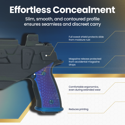 Close-up of holster fitment showing sweat shield, protected magazine release, and ergonomic grip clearance for SIG P320 M18 TLR-1.