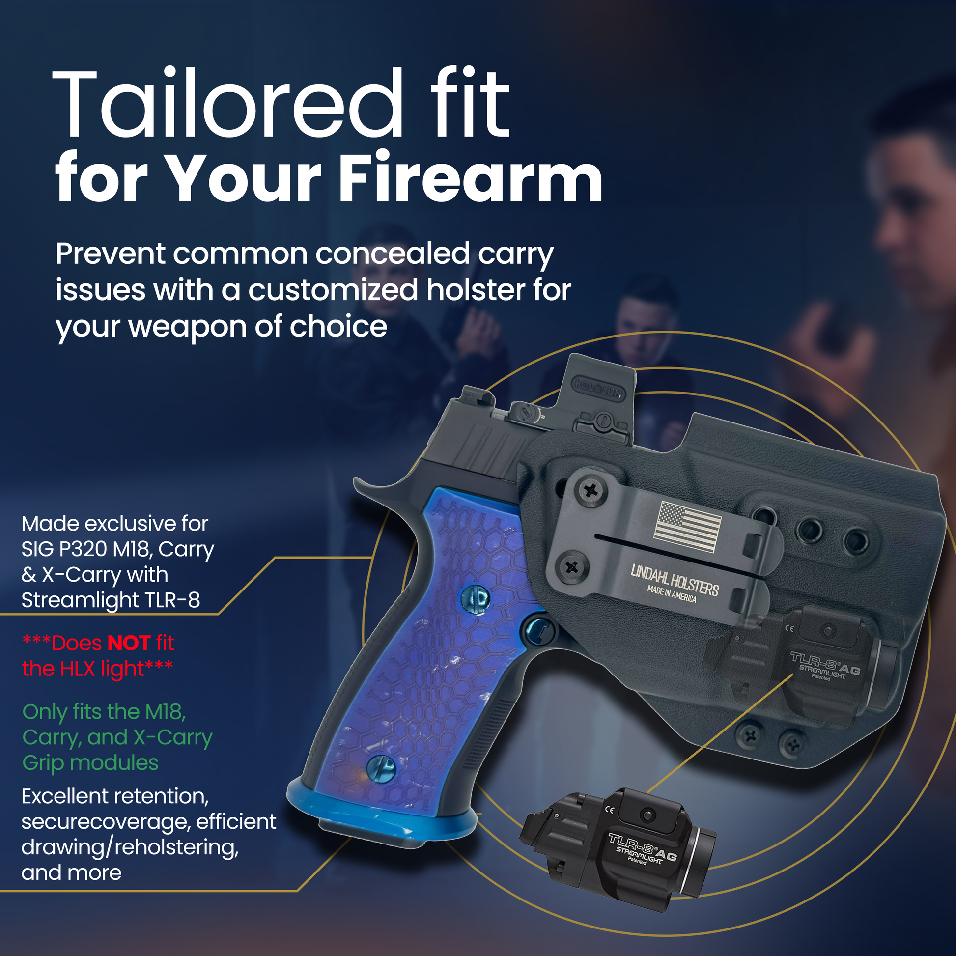 SIG Sauer P320 M18 concealed carry holster with Streamlight TLR-8, tailored Kydex fit by Lindahl Holsters.