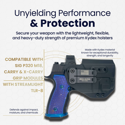 Inside waistband Kydex holster for SIG P320 M18, Carry, and X-Carry grip modules with Streamlight TLR-8 light attachment.