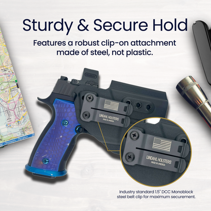 SIG Sauer P320 M18 with TLR-8 in IWB holster featuring DCC steel monoblock belt clip for secure concealed carry.