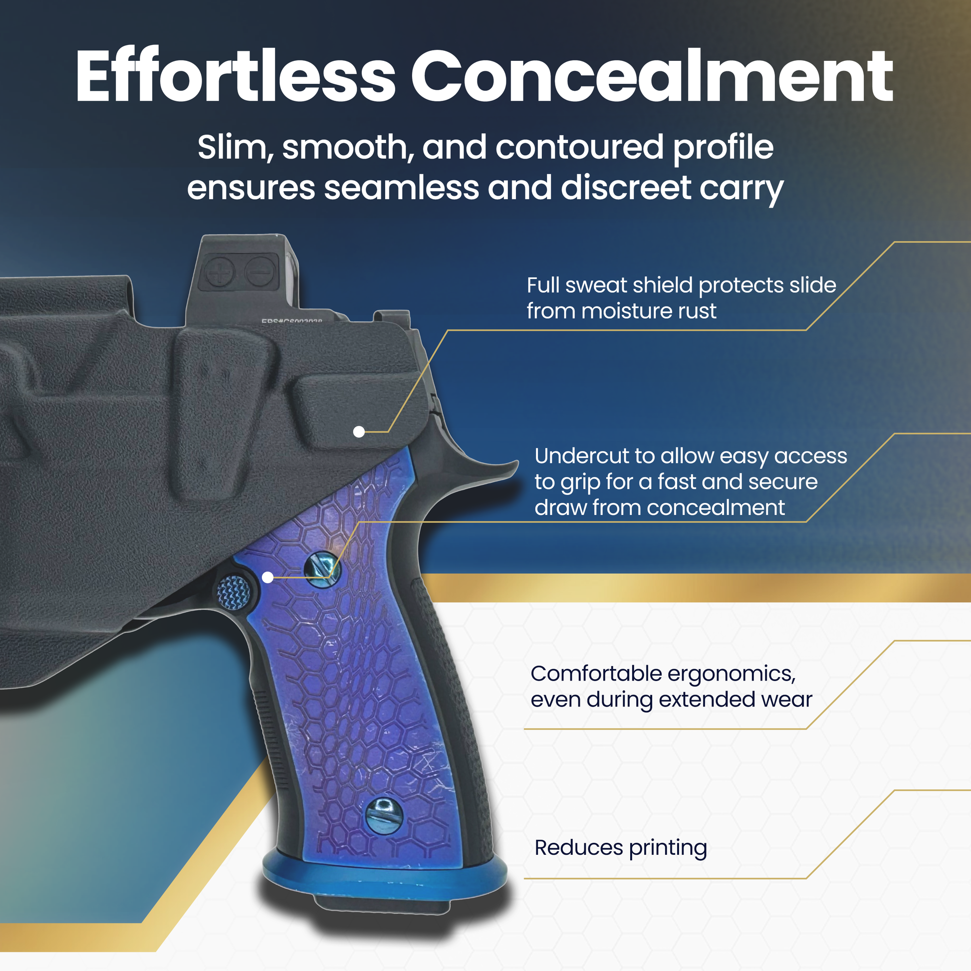 Close-up of concealment holster for SIG P320 M18 with TLR-8, showing sweat guard, grip undercut, and low-print profile.