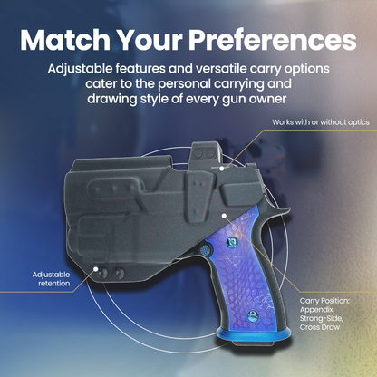 Close-up of concealment holster for SIG P320 M18 with TLR-8, showing sweat guard, grip undercut, and low-print profile.