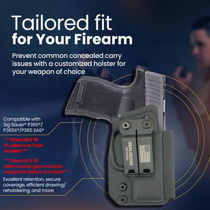 Gray holster with text on a dark blue background