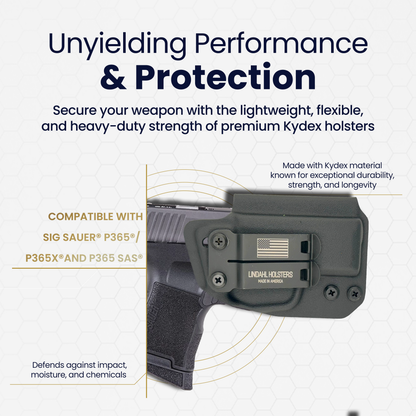 Kydex holster with text highlighting performance and protection on a white background