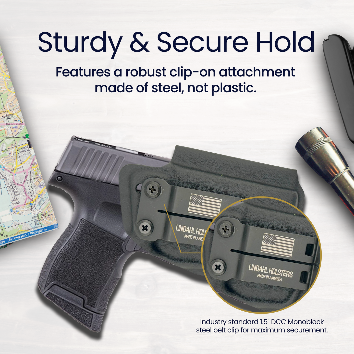 Holster with robust clip-on attachment on a white background, featuring text about sturdiness and security.
