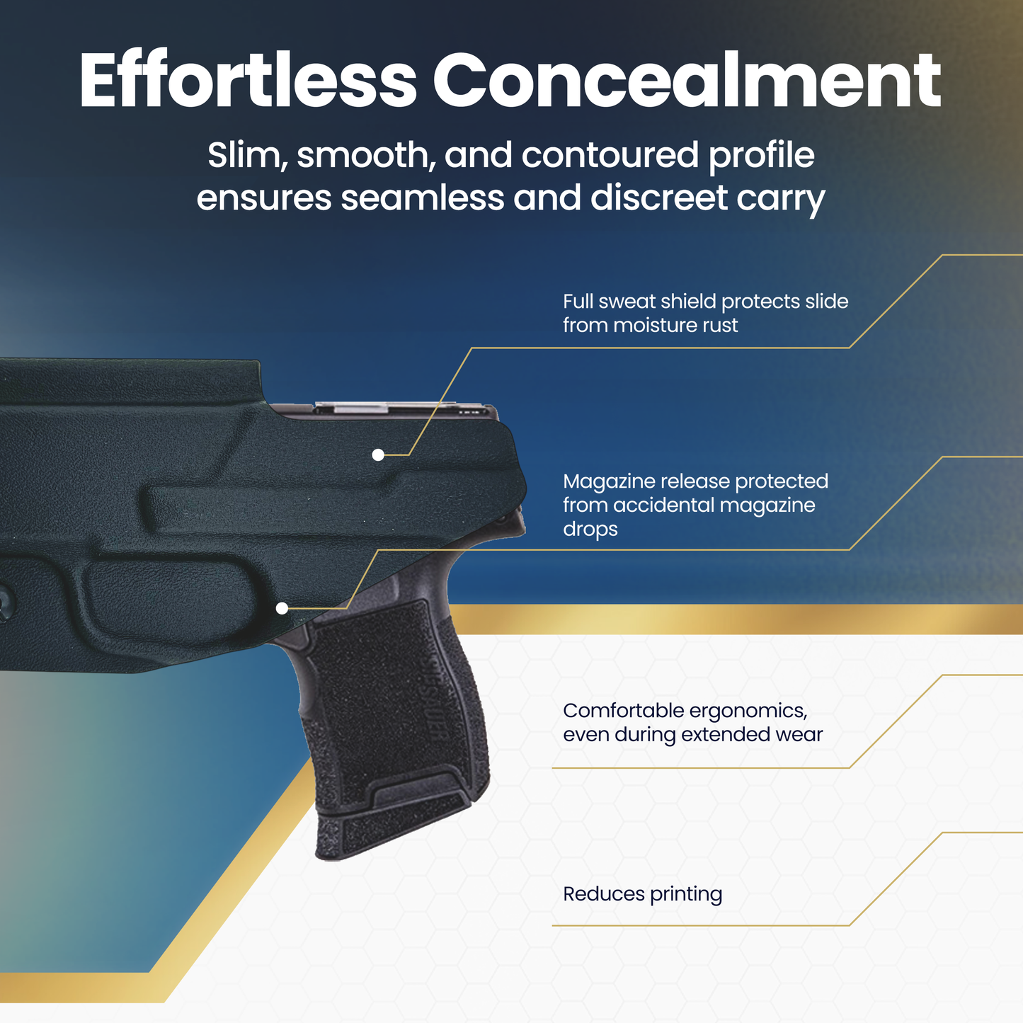 Black gun with features highlighted on a blue and white background