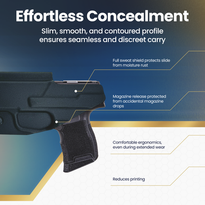 Black gun with features highlighted on a blue and white background