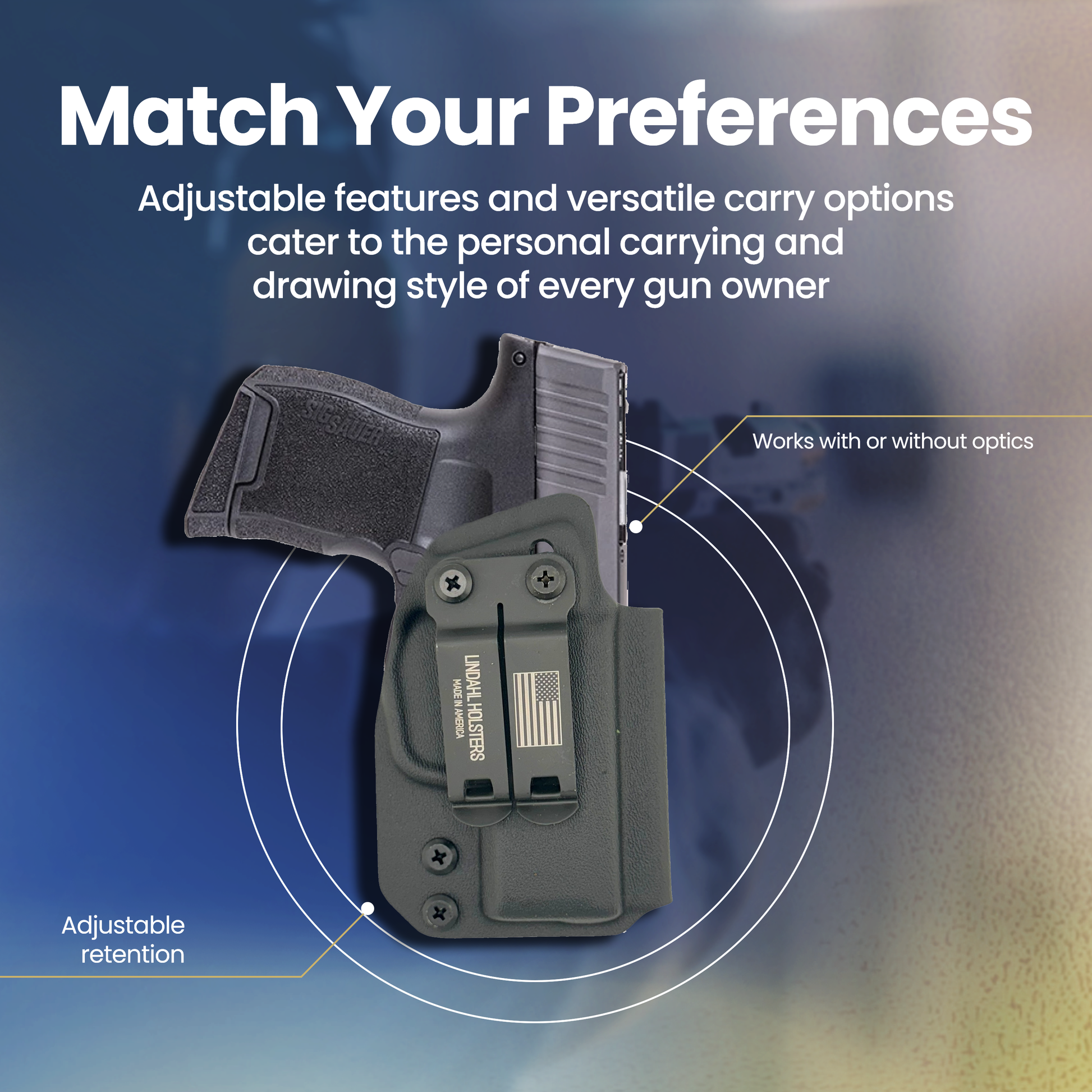 Black gun holster with adjustable features on a gradient blue and gray background