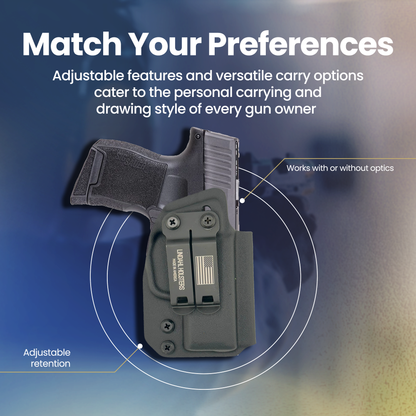 Black gun holster with adjustable features on a gradient blue and gray background