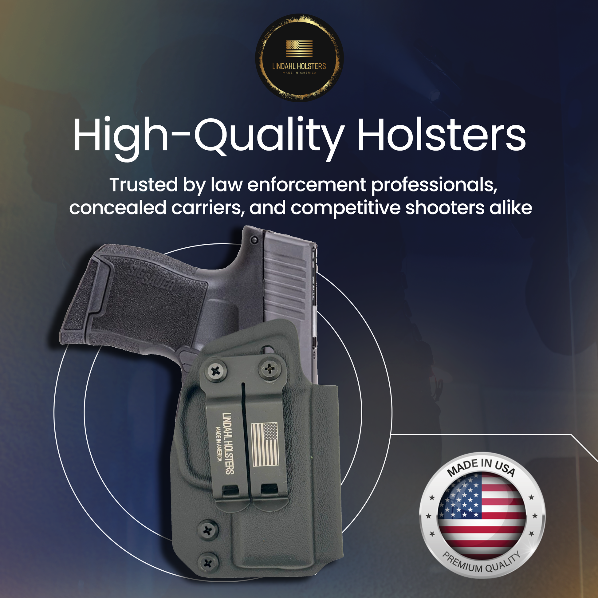 High-quality holsters with a target background, branding, and 'Made in USA' badge.