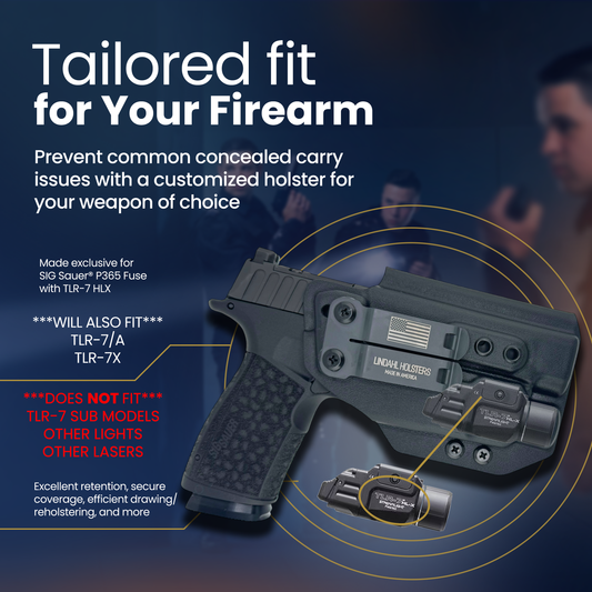 Holster for a firearm with text about customization and compatibility on a blue background.