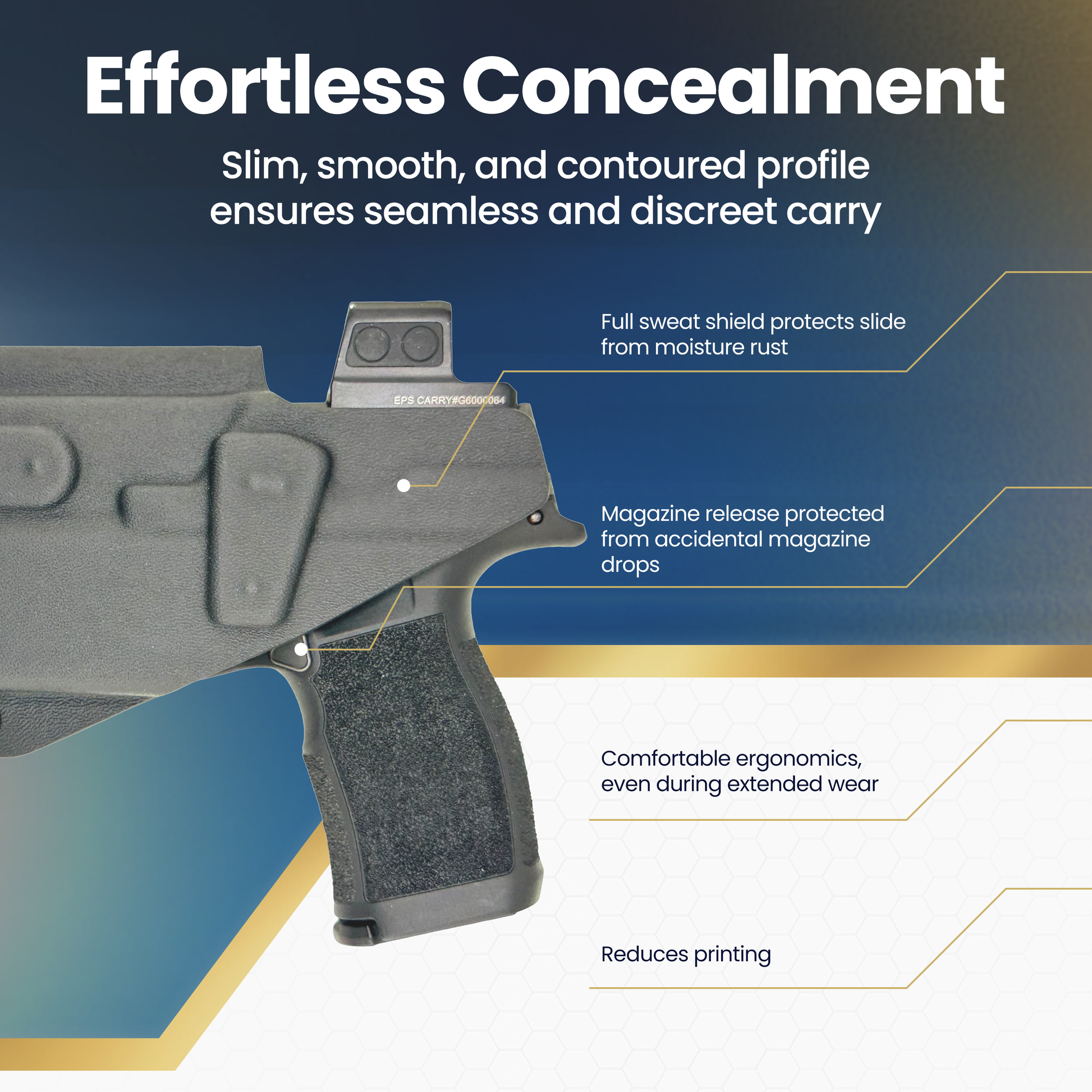 Glossary entry about a firearm with text on effortless concealment and features.