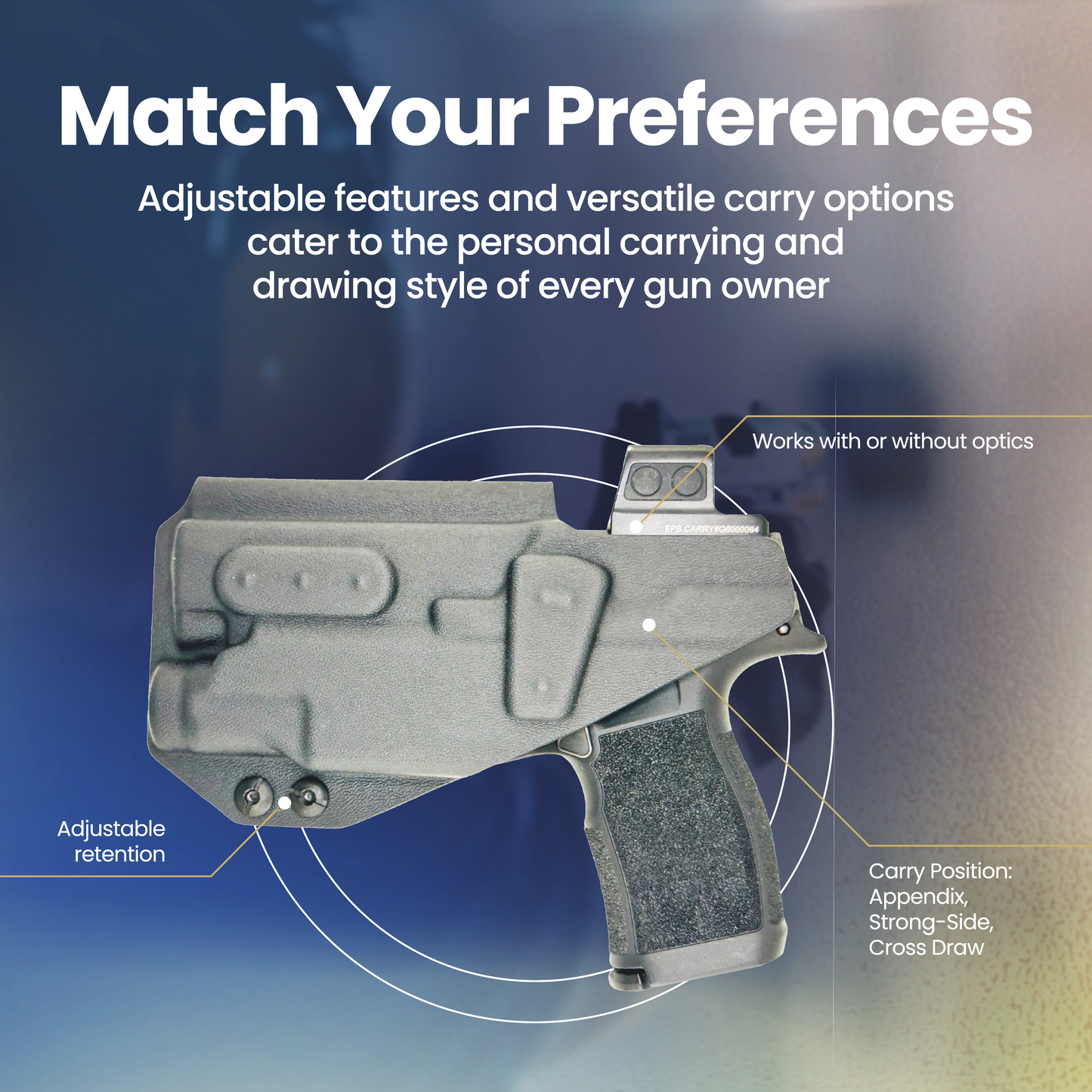 Pistol holster with adjustable features on a blue gradient background