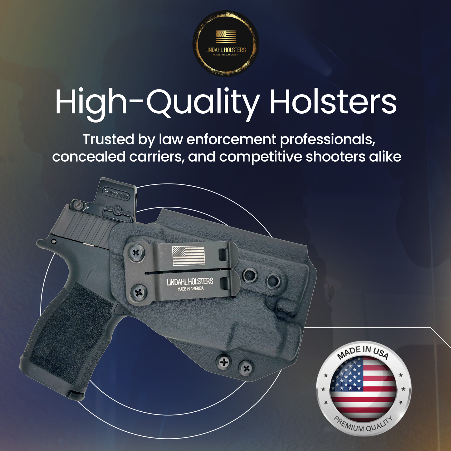 High-quality holster with American flag detail on a dark background, featuring Lincoln Holsters branding.