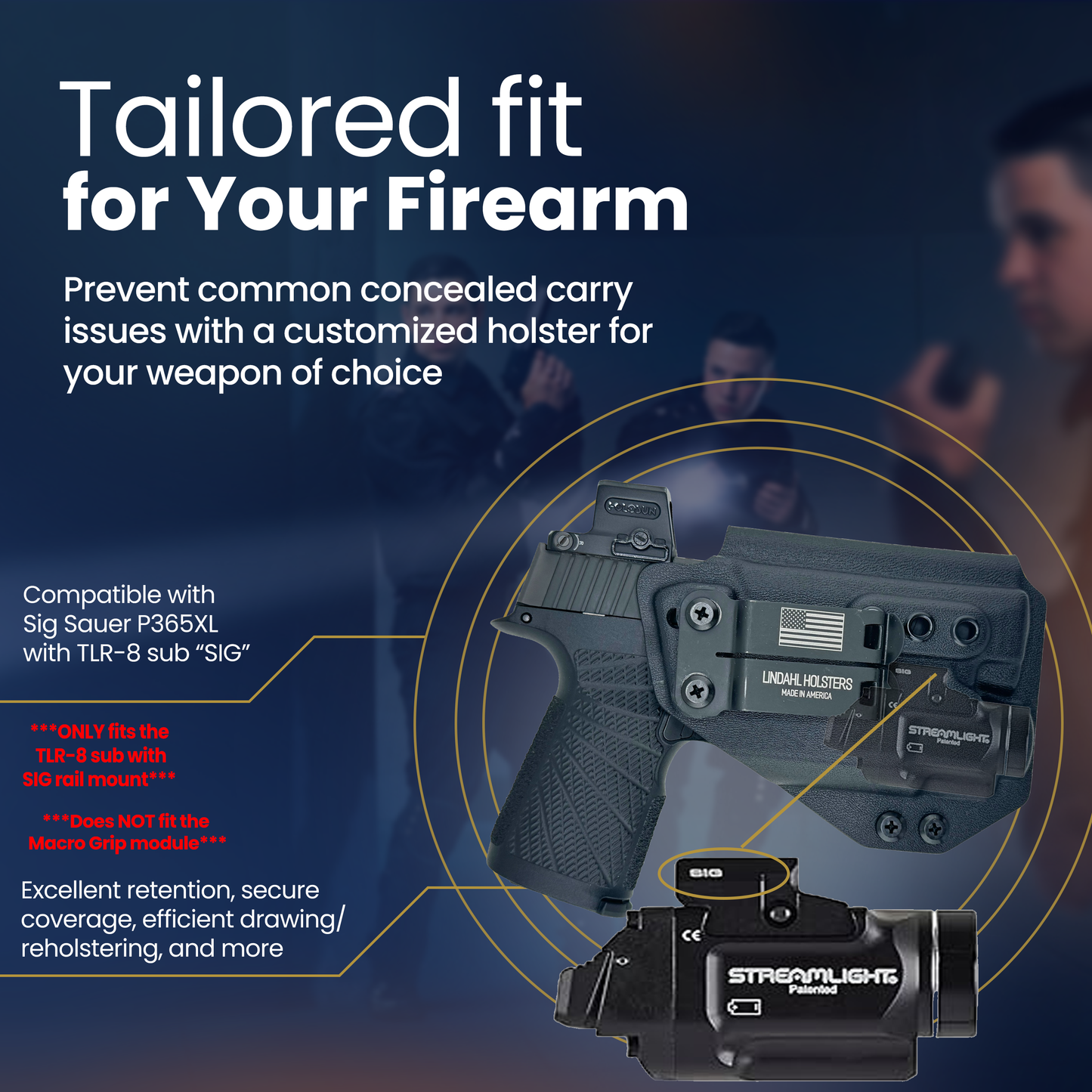 Customized holster for a firearm with text highlighting features and compatibility.