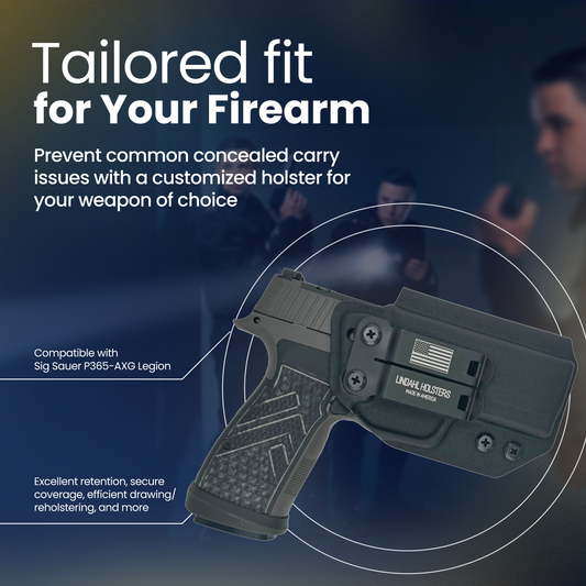Holster for a firearm with text about customization and benefits on a dark background