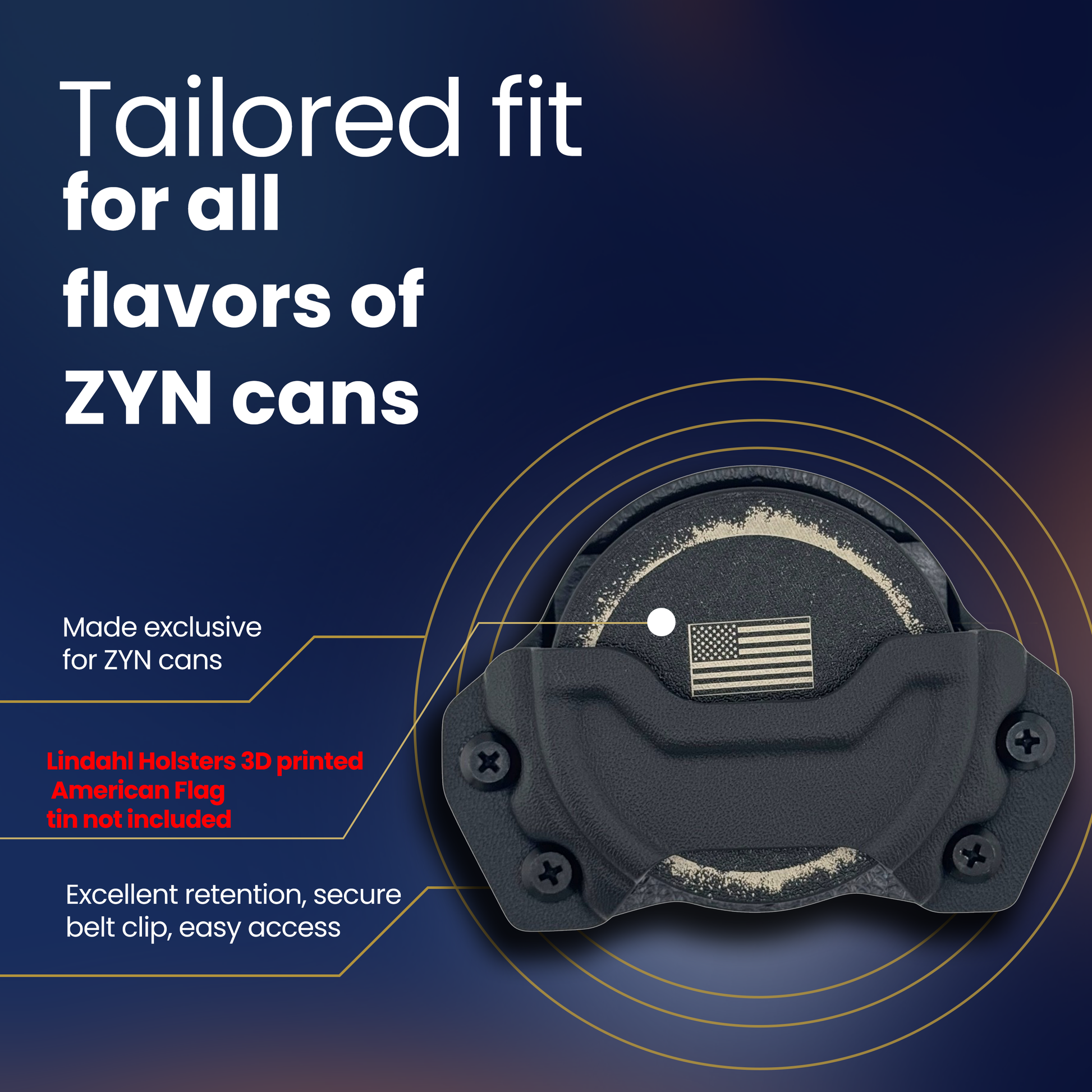 Black belt clip with American flag design on a dark blue background with text about ZYN cans.