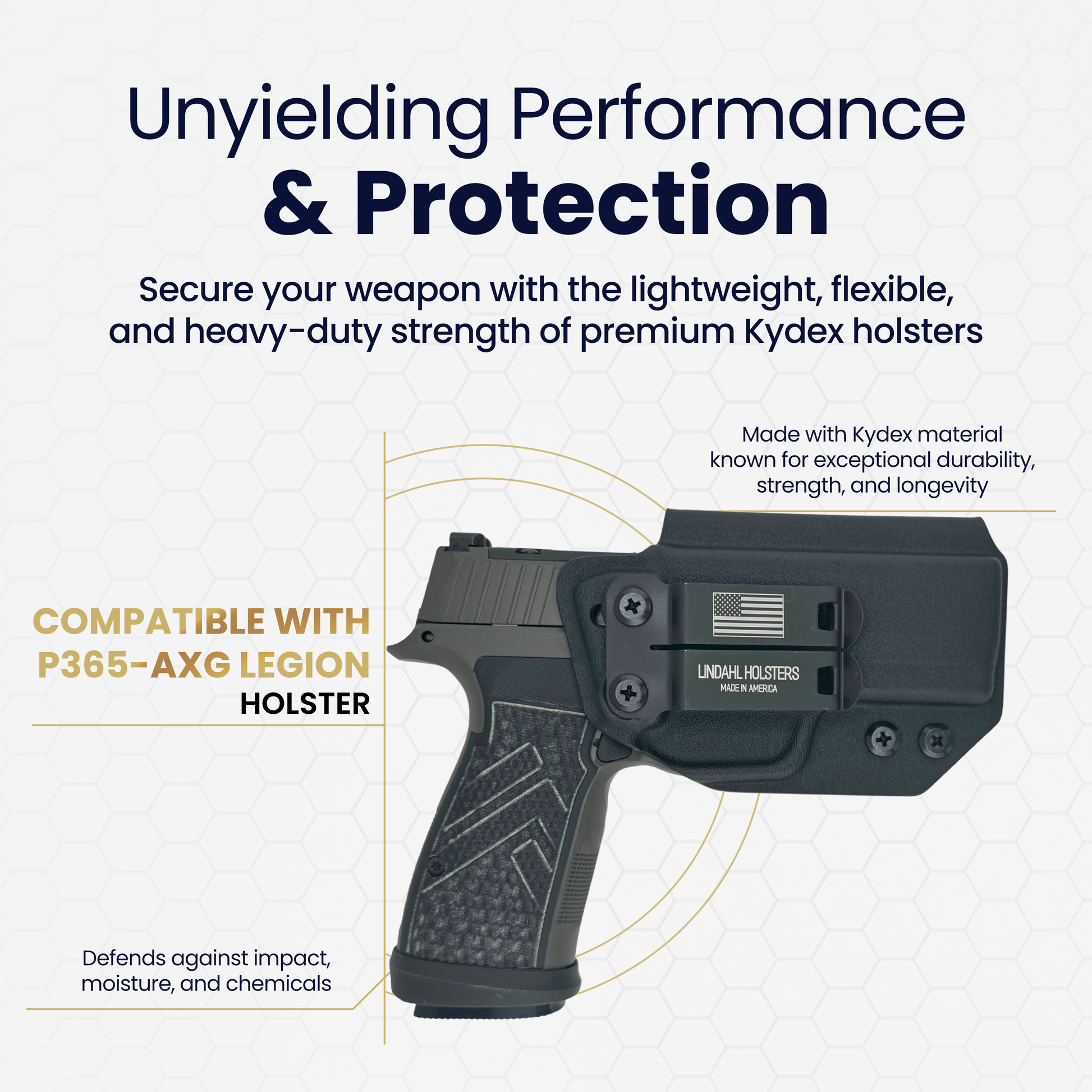 P365-AXG LEGION holstered gun with text about Kydex holsters on a white background