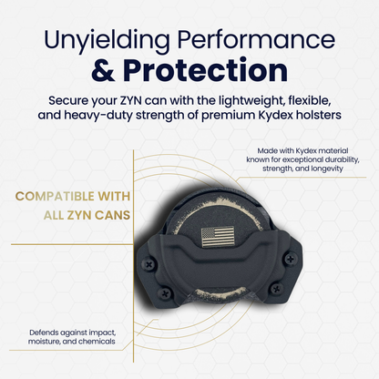 Advertisement for a Kydex holster with text about unyielding performance, protection, and compatibility with ZYN cans.