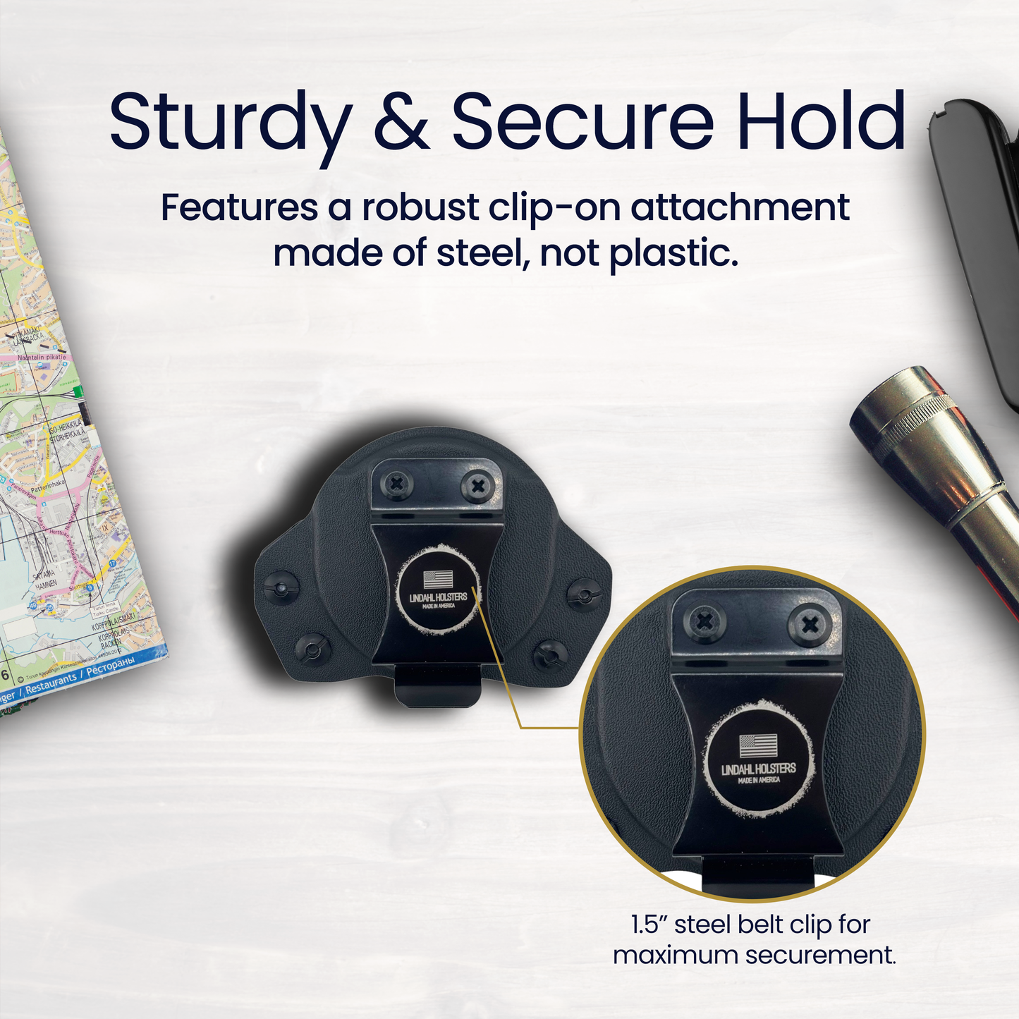 Robust clip-on attachment made of steel on a white background with text highlighting its sturdiness.