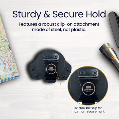 Robust clip-on attachment made of steel on a white background with text highlighting its sturdiness.