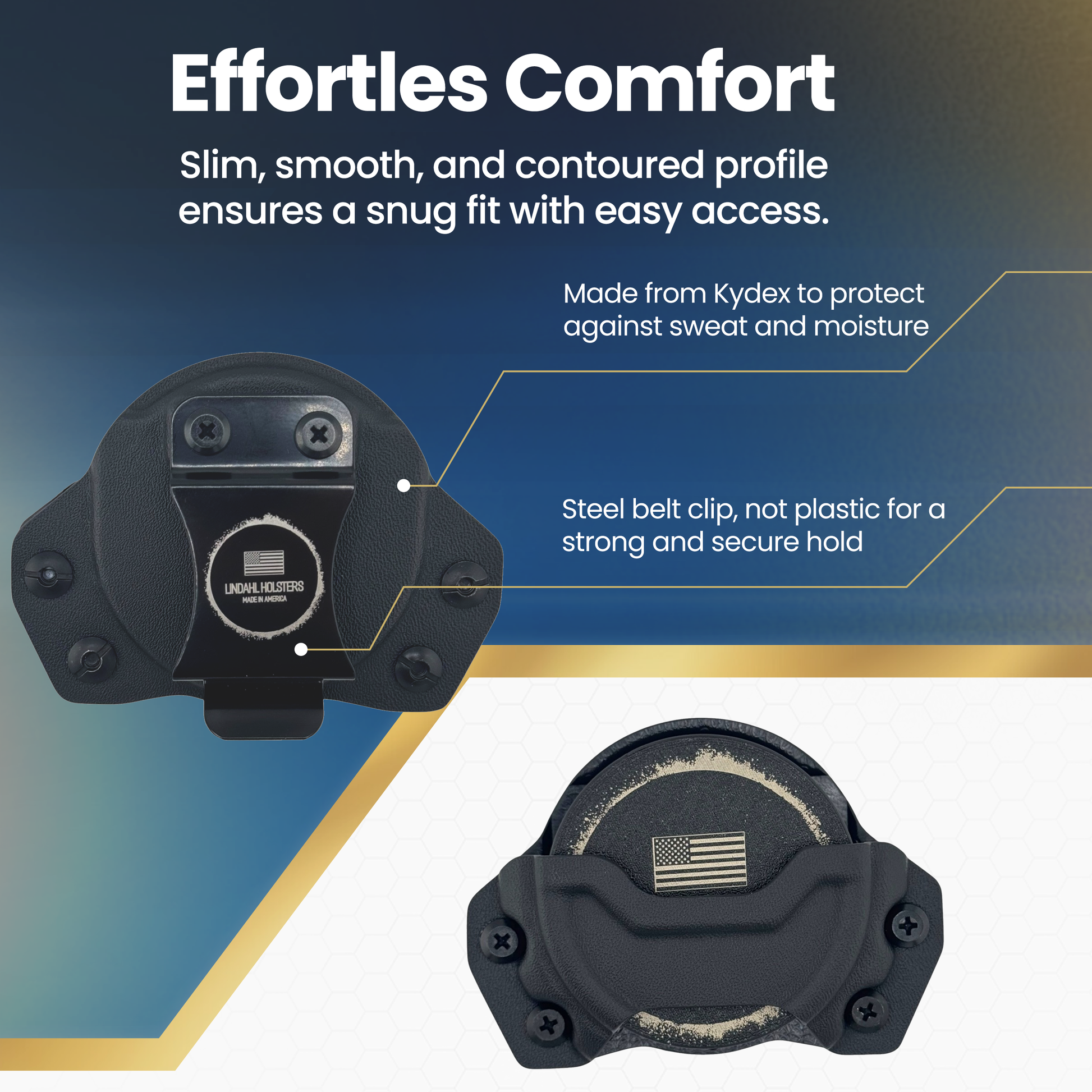 Black belt clip with text highlighting features on a blue and white background