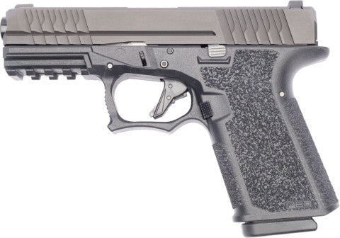Black handgun with textured grip on a white background