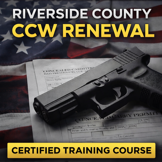 Glock handgun on a document with 'Riverside County CCW Renewal' text and American flag in the background.