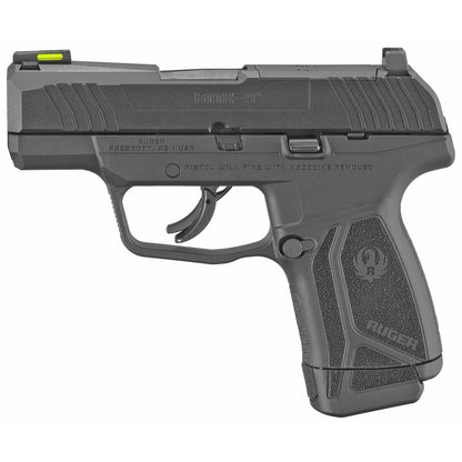 RUGER MAX 9 FIREARM IN BLACK ON WHITE BACKGROUND.