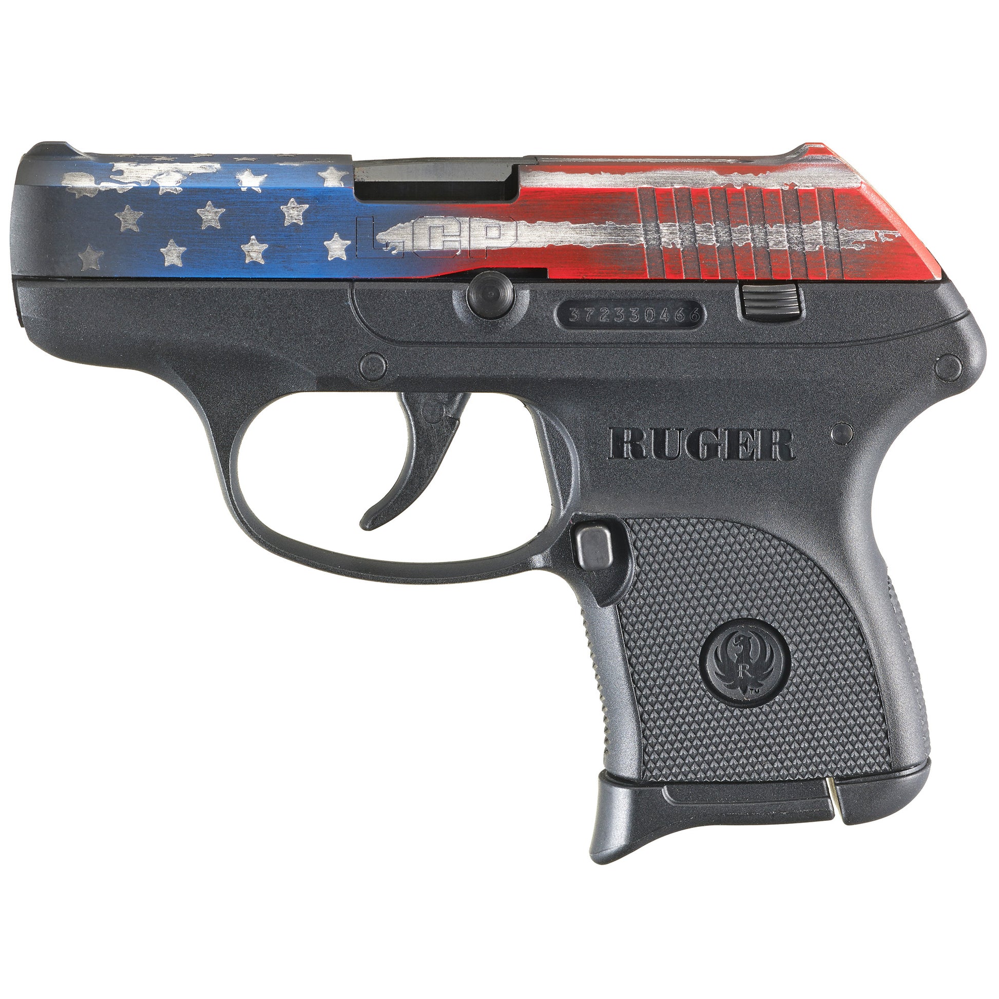 RUGER LCP WITH AMERICAN FLAG CERAKOTE ON SLIDE ON A WHITE BACKGROUND.