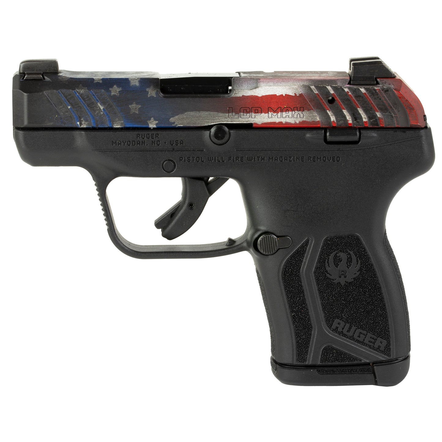 Black handgun with American flag design on a white background